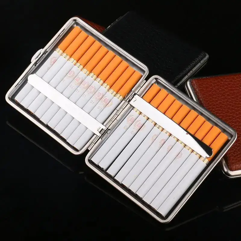 Double-open Leather Cigars Cigarettes Cases Stainless Steel Tobacco Cigarette Boxes Tools for 20 Sticks Cigarette