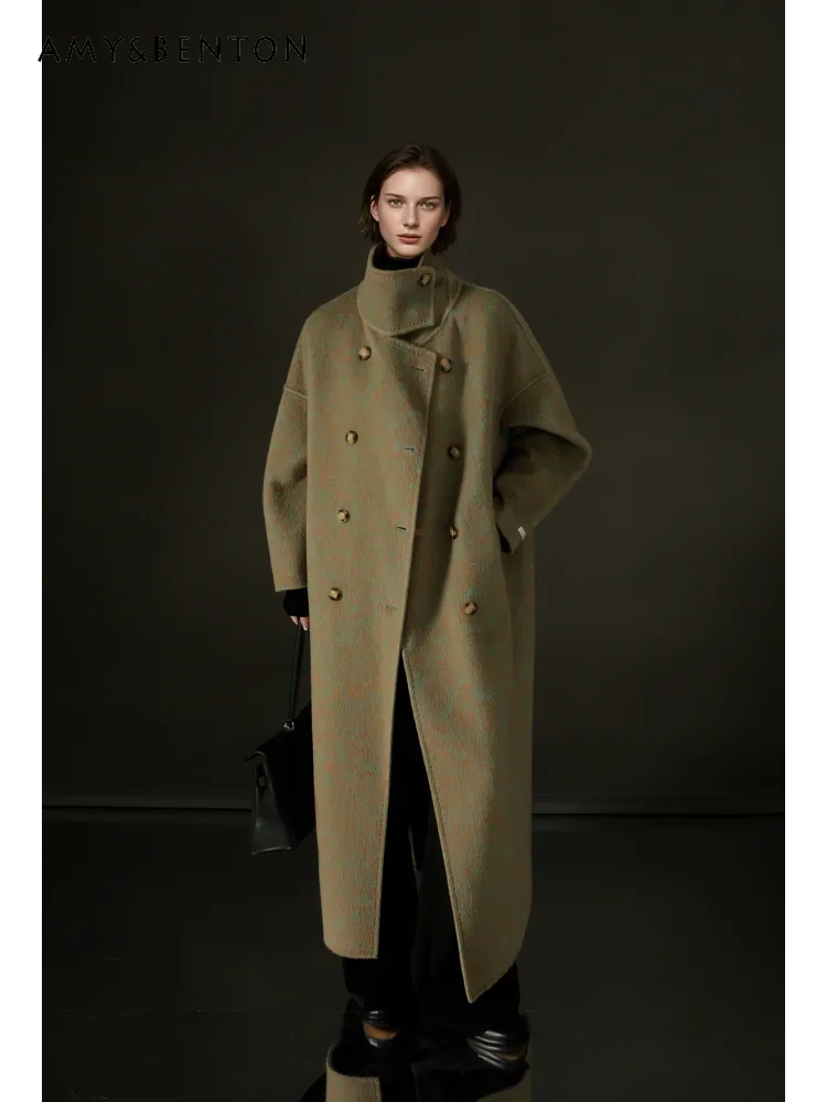 

High End Heavy Industry Stand Collar Double-breasted Mid-length Double-sided Cashmere Coat Commuter Style Casual Wool Coat Women