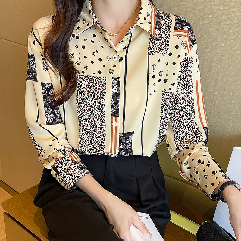 Koreanische Mode Neue Stil Dame Büro Casual Leopard Print Shirt Langarm Bluse Top für Frauen Kleidung