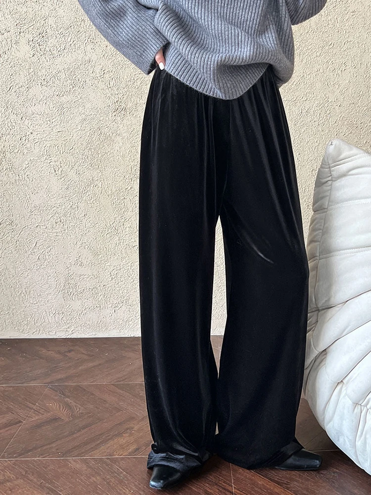 [EAM] High Elastic Waist Gray Velvet Soft Wide Leg Long Pants New Trousers Women Fashion Tide Spring Autumn 2024   1DH7706