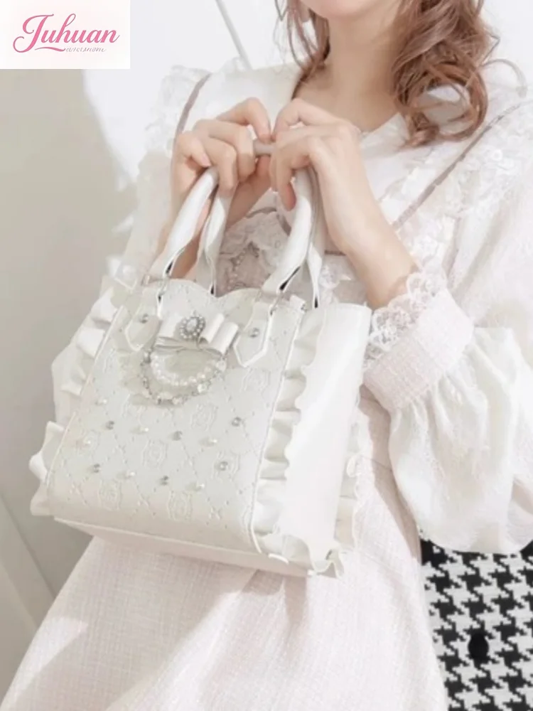 

Japanese Lolita Mine Tote Bag Girl's New Sweet Cute Portable Pearl Rhinestone Lolita Messenger Bag Bow Shoulder Bags for Womens