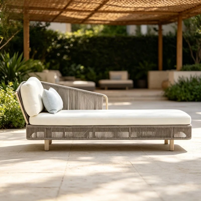 Single recliner patio set, curved frame, wooden legs, bevelled backrest, outdoor recliner