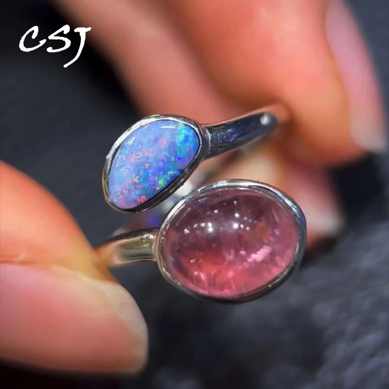 CSJ Real Natural Australia Opal Rings Sterling 925 Silver Tourmaline Gemstone for Women Birthday Party Sparking Jewelry Gift