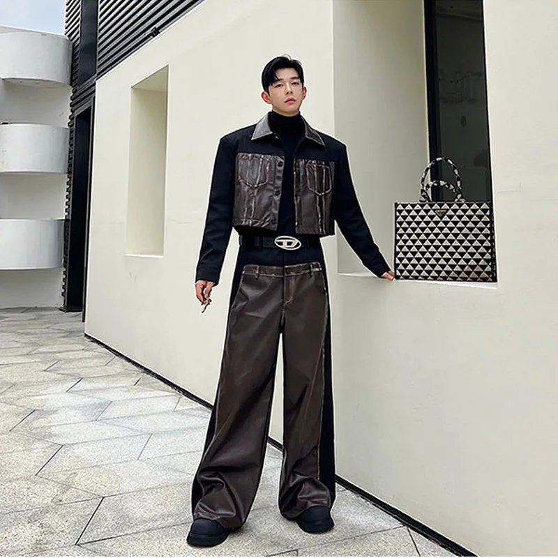 Men Autumn Winter Splice Leather Sets Korean Streetwear Loose Casual Vintage Short Jacket Wide Leg Baggy Pants Suits Man Clothes