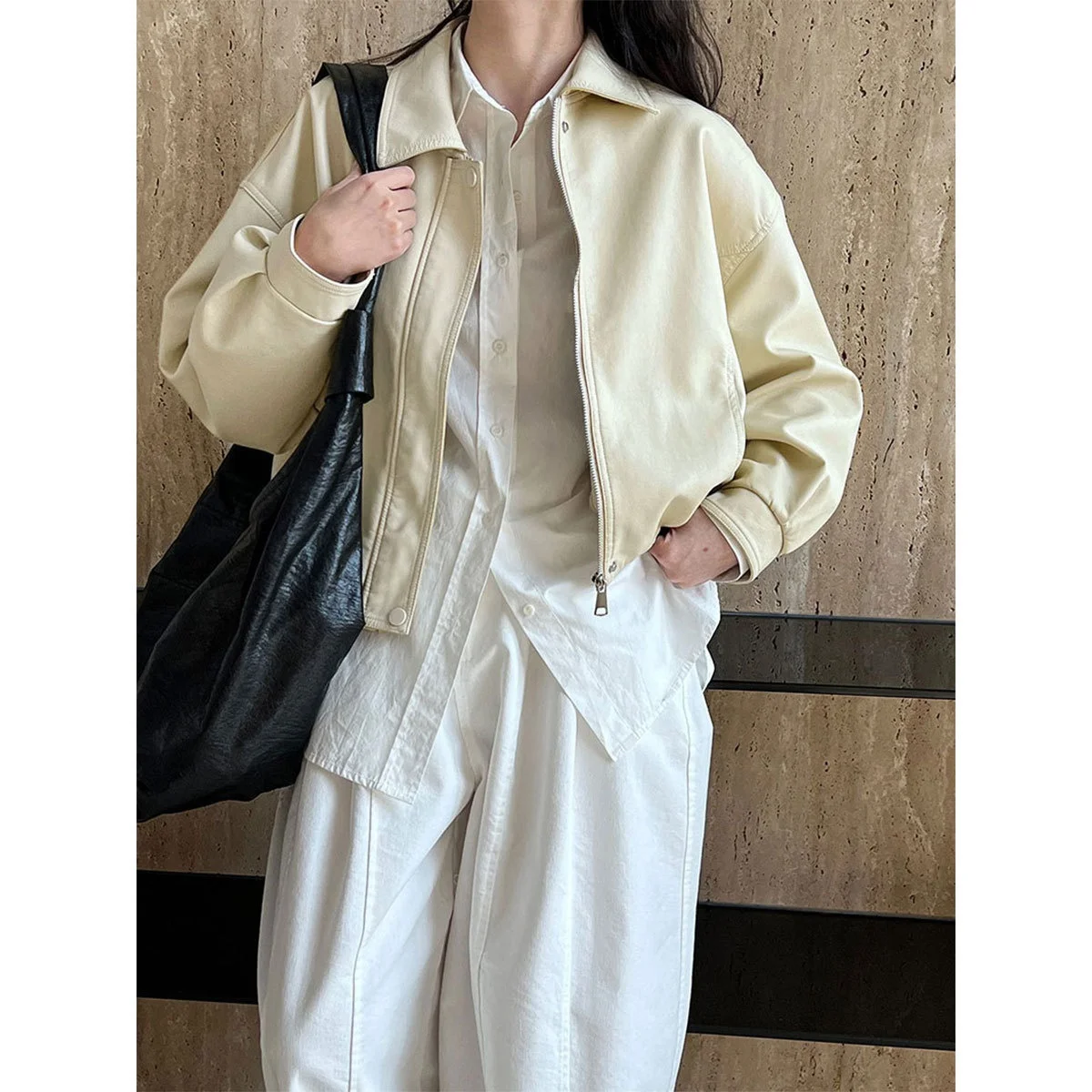 

Lusi American Style Short PU Leather Jacket Women's Casual Fashion Spring New Outerwear Coat Flip Collar Zipper Long Sleeve