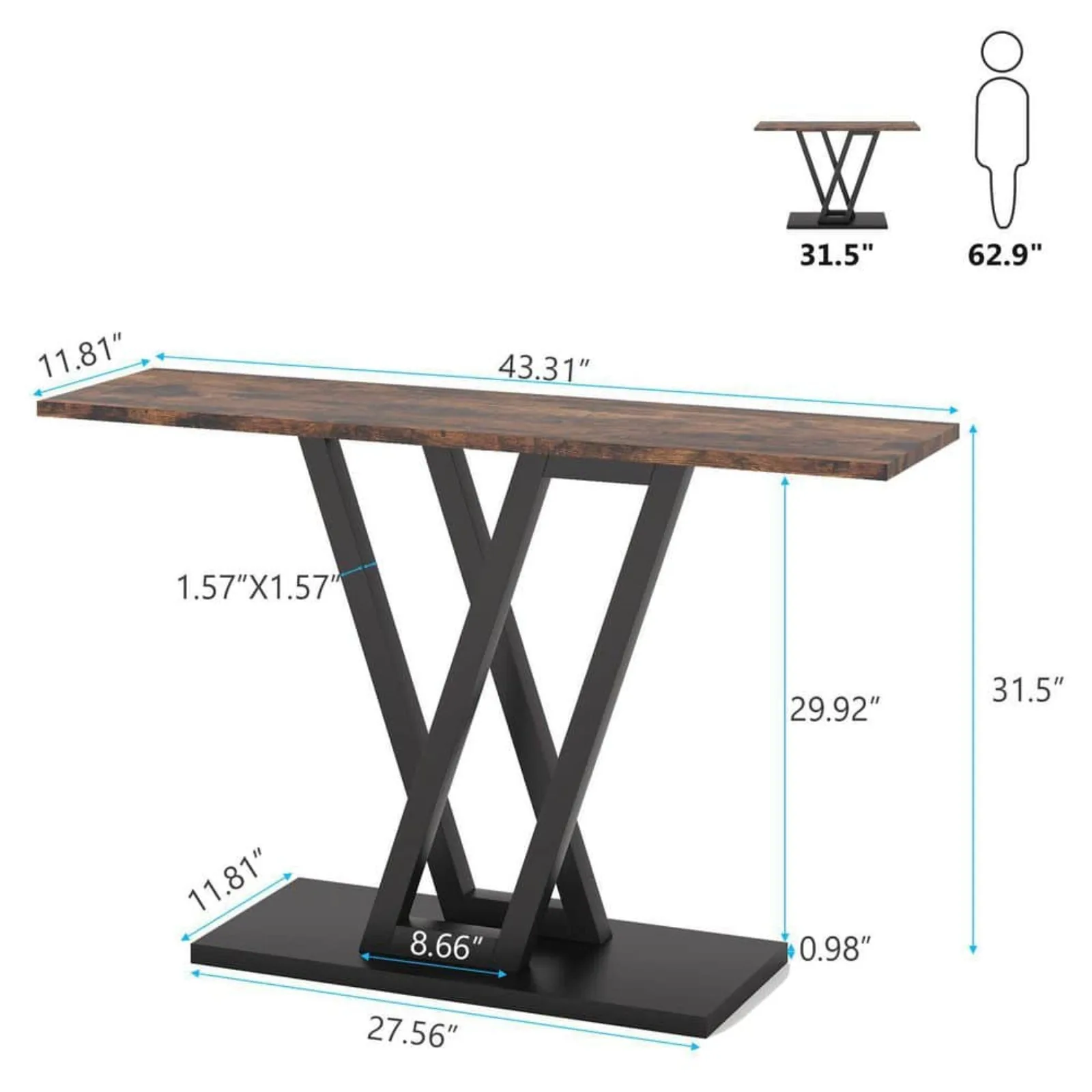 US-42-31 em. Marrom e preto 31,5 "retângulo madeira Console tabela com quadro durável do metal