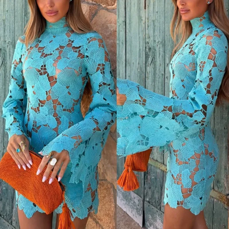 Damen Häkel-Minikleider mit Aushöhlungen Sexy Unregelmäßiger Saum Stehkragen Langarm-Kleid Sommer Neue Damen-Partykleider