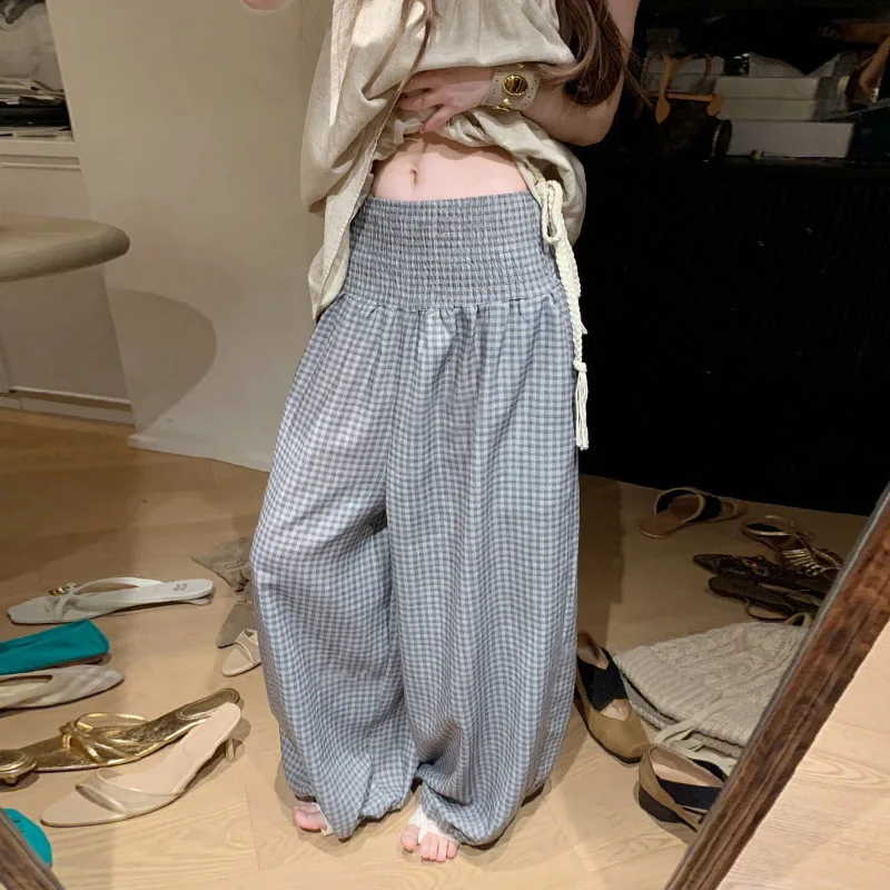 2026 High Grade Gray Check Maternity Pants Elastic Gathered Waist Lazy Style All match Fashion Outer Trousers Summer Pregnancy