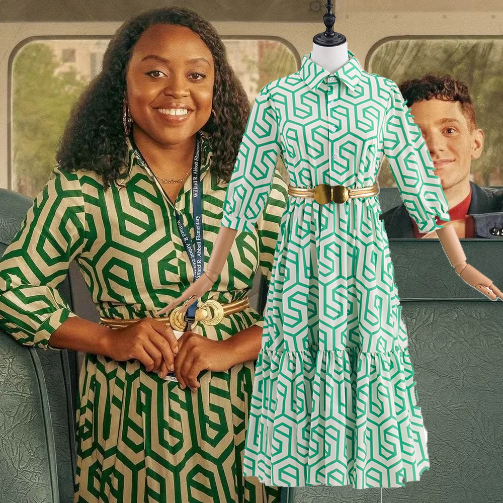 

Movie Abbott Elementary Season 2 Quinta Brunson Cosplay Costume Woman's Green Dress with Belt Halloween Casual Outfit