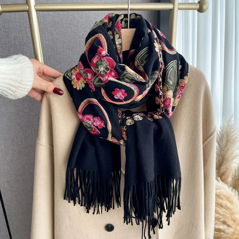 

Шарф женский с эффектом кашемира, теплый, фактурный, в этническом стиле, универсальный, дышащий, с цветочной вышивкой, шаль