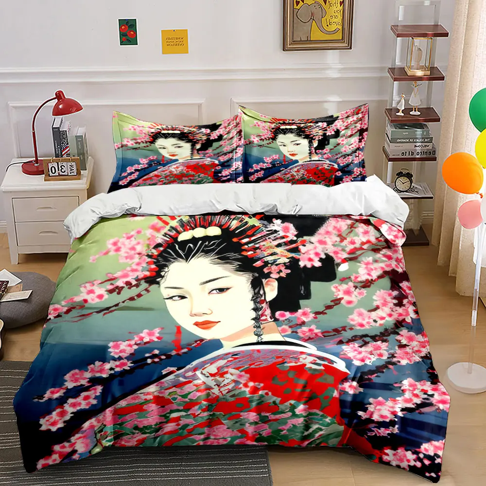 Japanese Ukiyo-e Geisha Cherry Blossom Kimono Bedding Set,Vintage Oriental Floral Lady Print 1 Duvet Cover 2 Pillowcase, Gift