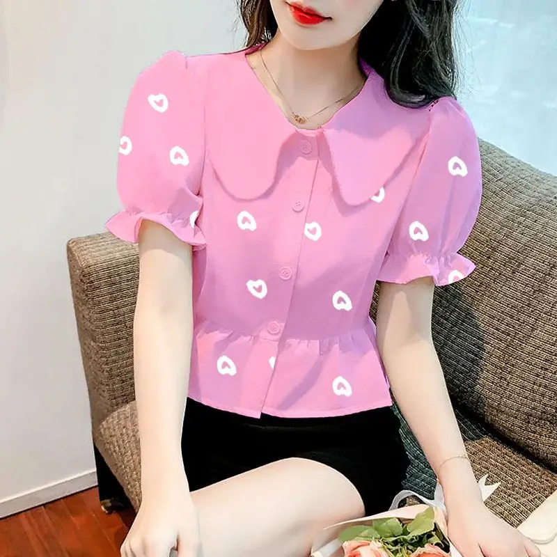 

Printed Short Sleeve Chiffon Blouse Women's Summer New Waist Cinching Babydoll Collar Short Top
