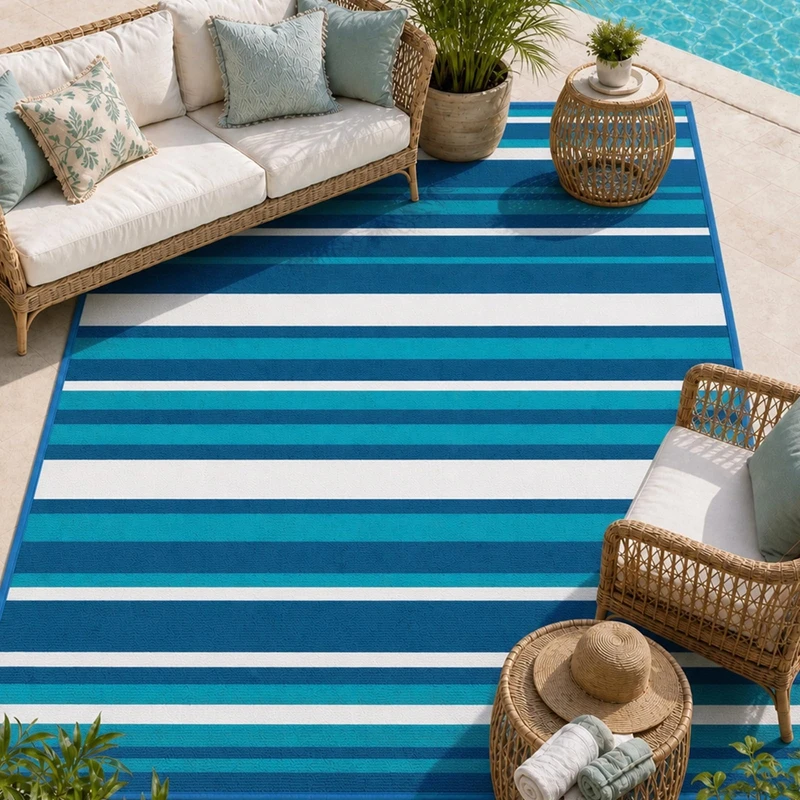 Blue White Striped Outdoor Rug Camping Essentials Outdoor Rug Waterproof Rv Essentials Outside Area Rug For Deck Garden