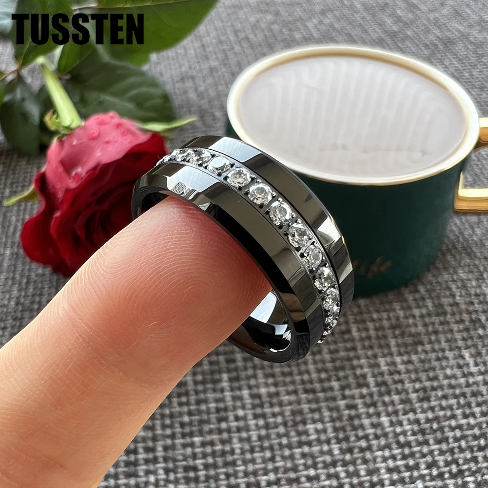 TUSSTEN 8MM CZ Stone Inlay Beveled Edges Black Tungsten Ring for Men Women Eternity Fashion Engagement Wedding Band