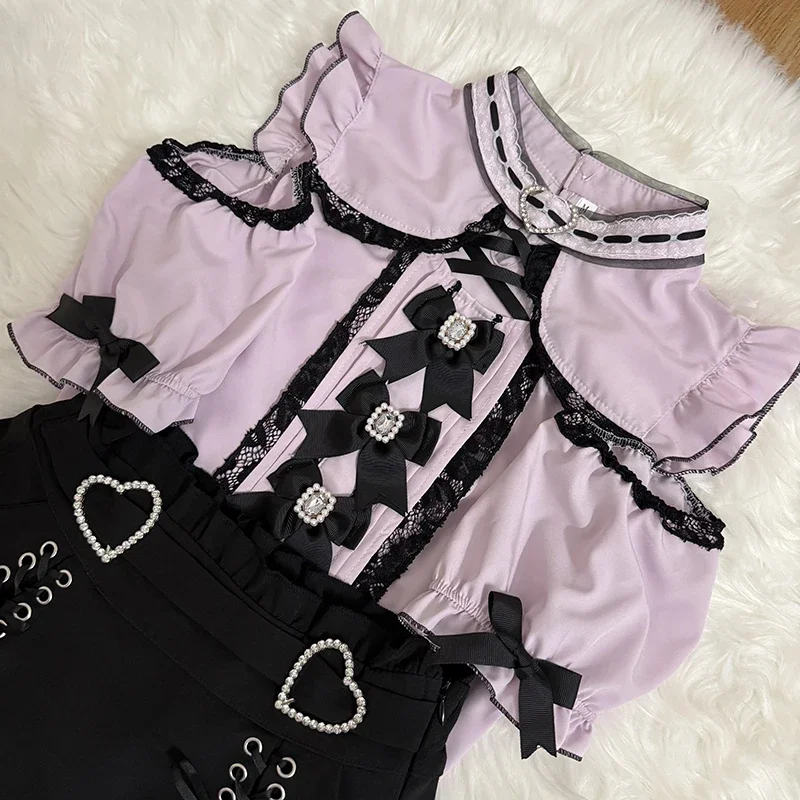 Kawaii Women Shirts Jirai Kei Lolita Y2K Cute Japanese Style Blouse Elegant Short Sleeve Sweet Tops Casual Aesthetic Shirt 2026