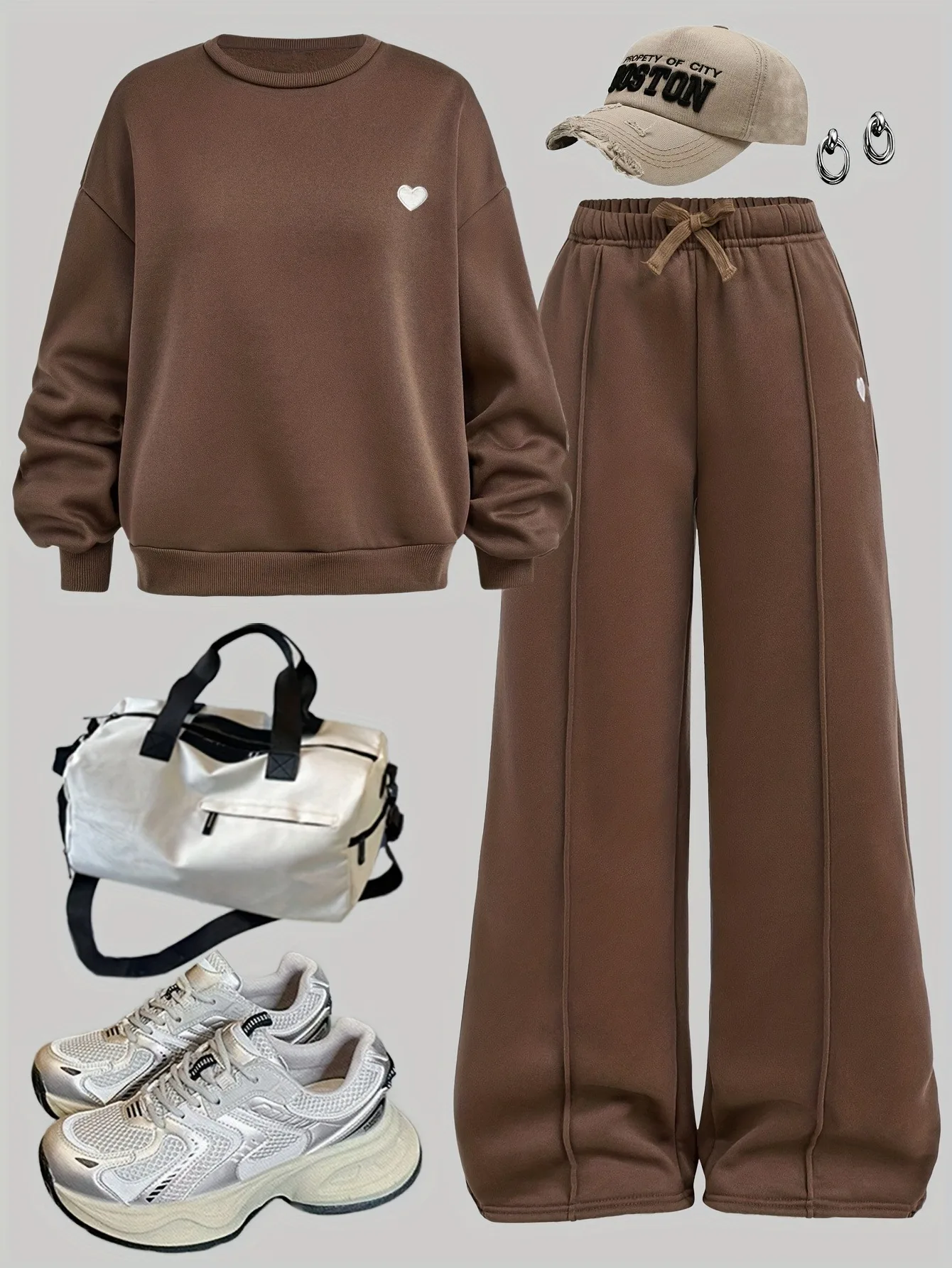 Brown Heart Girls 2 Piece Pants Set Solid Sweatshirt & Wide Leg Pants Trendy Casual Outfit for Spring Fall