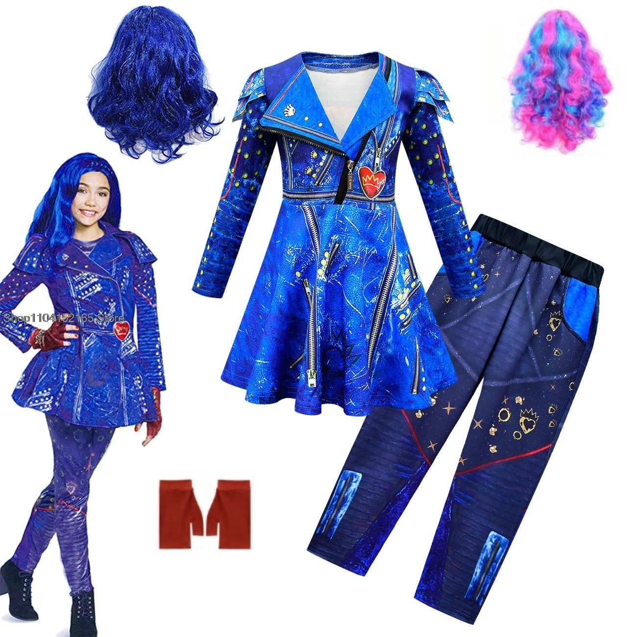 Disfraces de Halloween para niñas, Anime Evie Mal Discendientes 3, ropa de Cosplay, peluca, vestido de fiesta de Carnaval para niños + conjuntos de pantalones