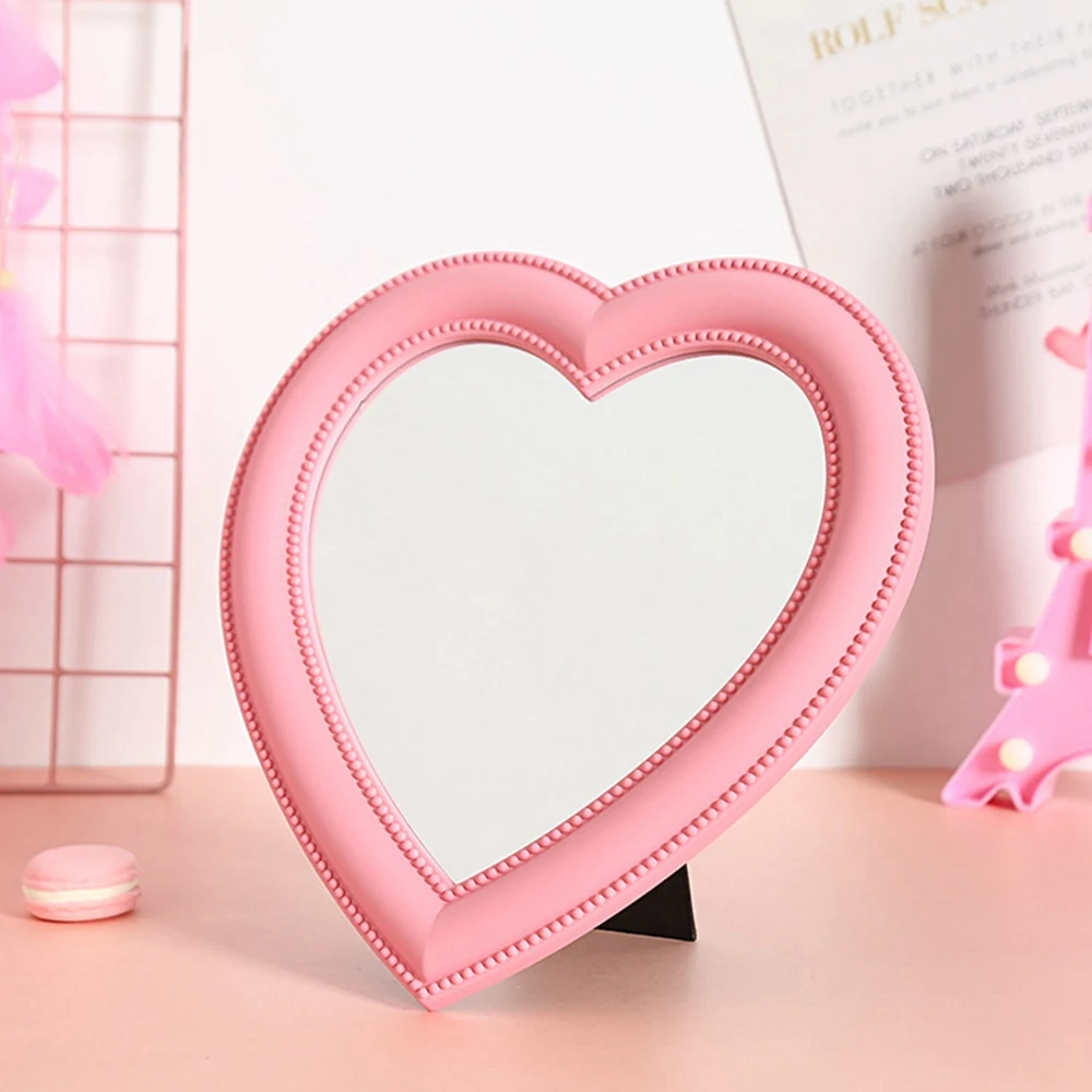 Love Mirror Desktop Makeup Mirror Wall Mounted Dual-Use Vanity Mirror Girl Room Wall Decor Heart-Shaped Mirror