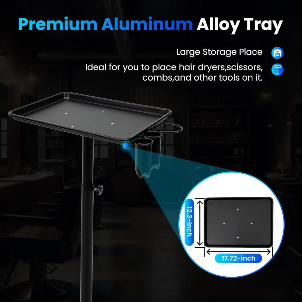 Beauty Trolley Aluminum Salon Tray Cart with Wheels Metal Tray Adjustable Salon Tattoo Trolley for Hair Salon Beauty Salon