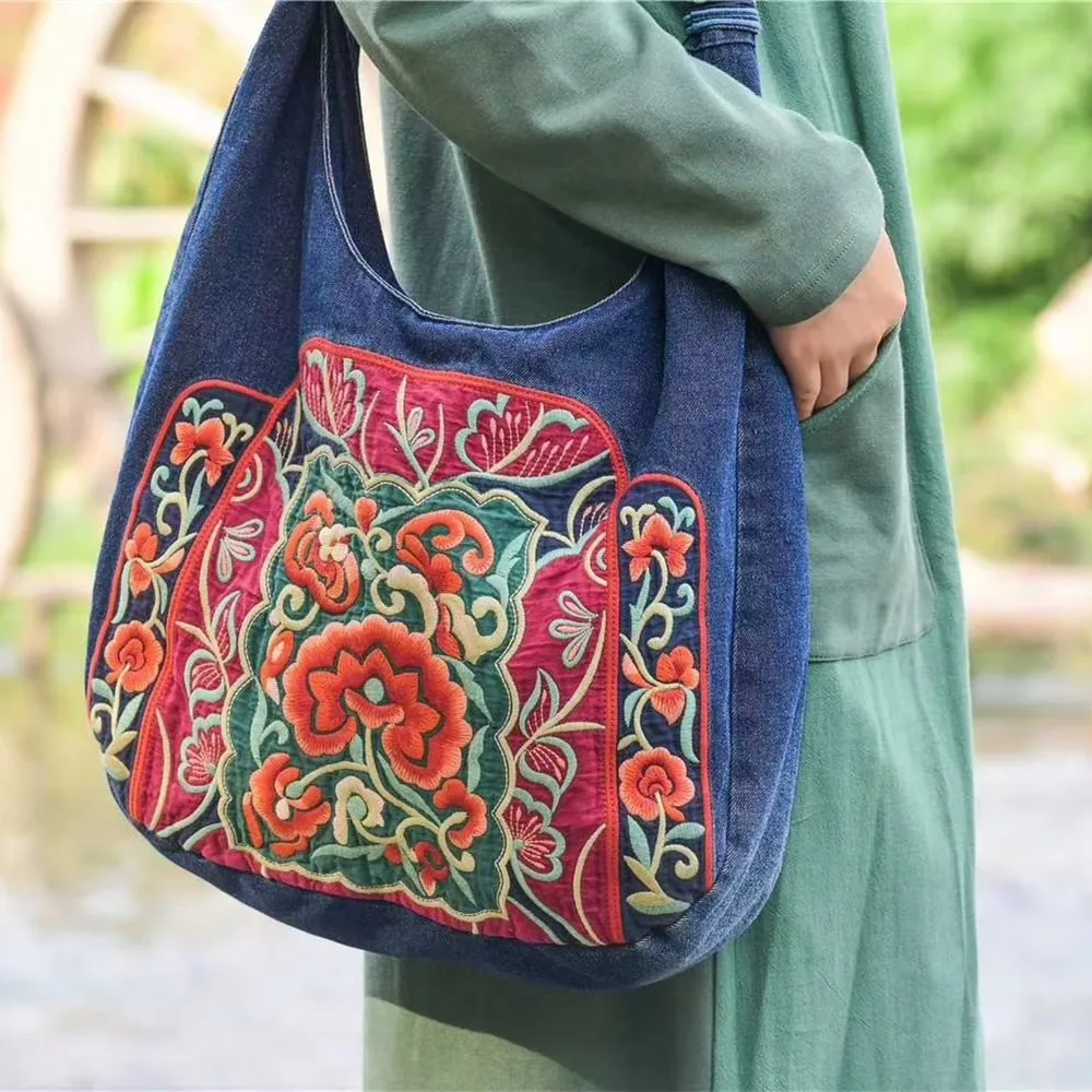 

High quality blue denim embroidered vintage bag Ethnic large size casual canvas shoulder crossbody bags