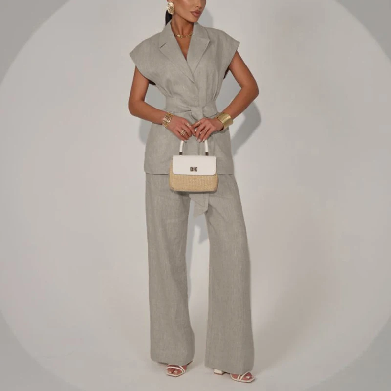 Spring Casual Vest Trousers Suit Women Sleeveless Lace Up Vest Tops+high Waist Loose Wide-leg Pants Autumn Female Two Piece Set