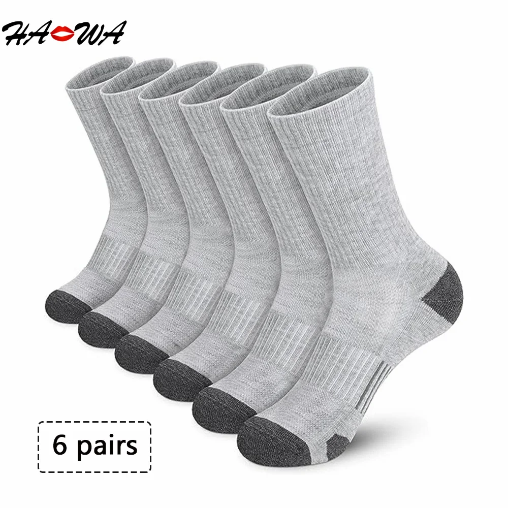 HA WA 6 Pairs Men's Cotton Socks Sports Mid-calf Socks Comfy And Soft All Season Long Solid Crew Basketball Sports Socks