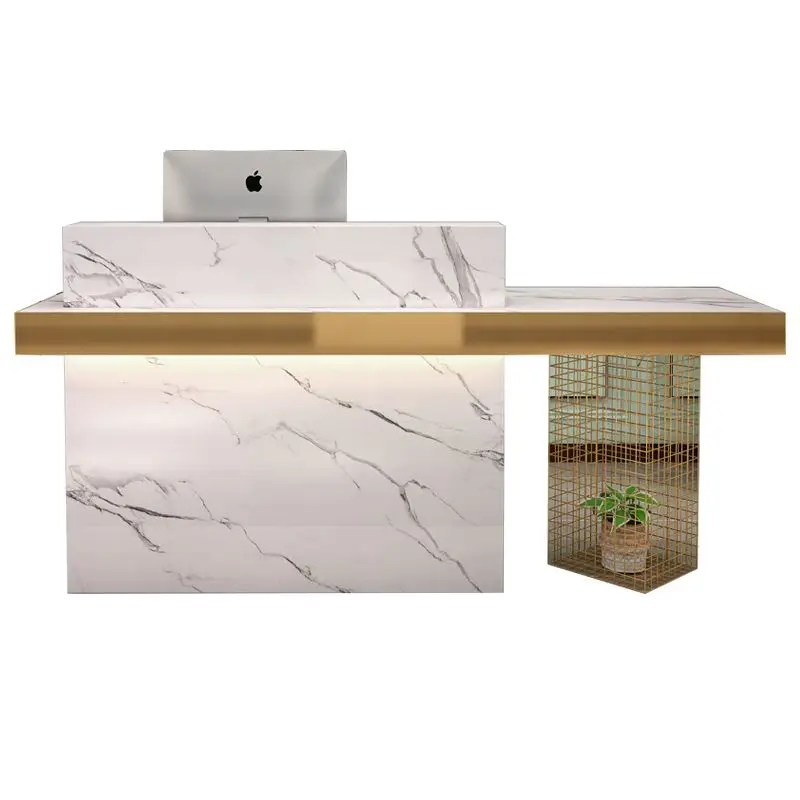 

New front desk custom marble counter with gold-plated LOGO modern white gold decorative front reception desk