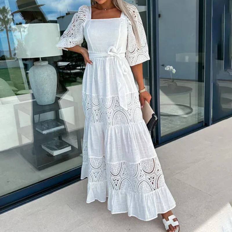 

Long White Dress Hollow Out Dresses Women Lace Up 2024 Spring Summer Wedding High Waist Loose Purple Y2k Party Maxi Vestido