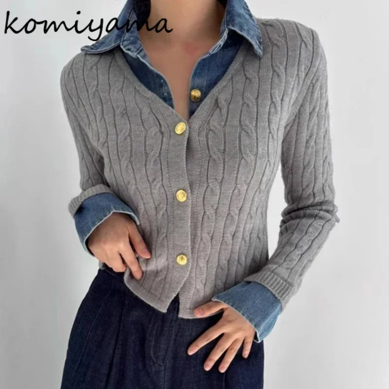 Fake Two Piece 2025 Woman Cardigan Denim Ropa Mujer Korean Chic Twist Outerwears Long Sleeve Sweater Autumn Knitted Cardigans