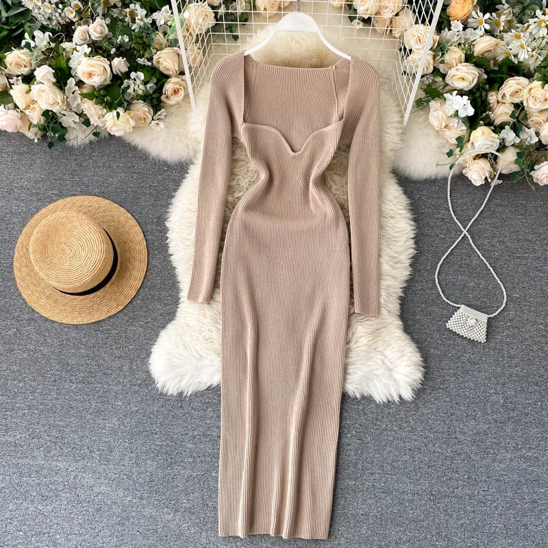 

Dresses for Women 2021 New Sexy Strapless Ribbed Knitted Bodycon Dress Women Winter Long Sleeve Midi Sweater Dress Clothes