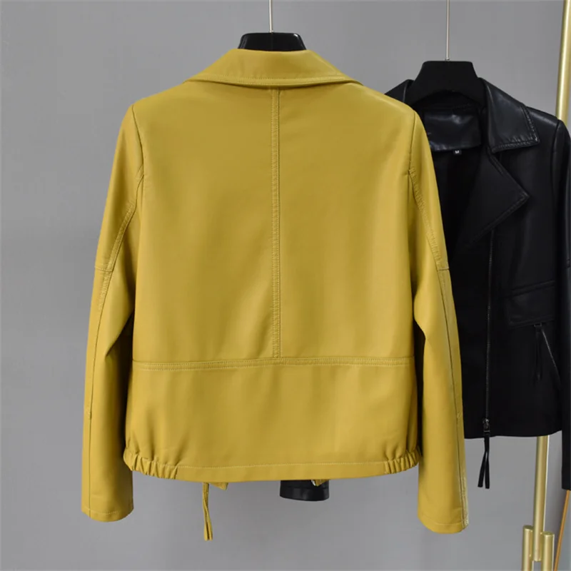 Spring Autumn Women Short Faux Leather Jacket Yellow Beige Black Coat Suit Collar Long Sleeve Female Biker Coat Jaqueta Feminina