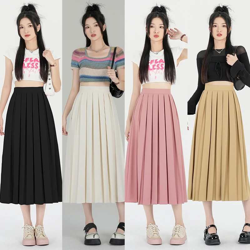 

GAODINGLAN Solid Color Large Hemline Women Long Skirts Cover Crotch High Waist Pleated Skirt Elegant Female A Line Suit Skirt