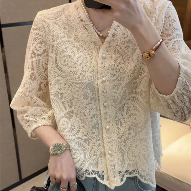 Elegant Fashion Harajuku Slim Fit Shirt Patchwork Lace Button V Neck Three Quarter Sleeve Tops Women All Match Female Clothes