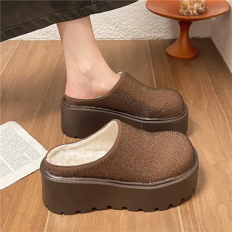 Designer Shiny Chunky Heel Women Warm Cotton Mules Slippers New 2025 Fashion Baotou Slip on Platform Shoes Ladies Lazy Slides