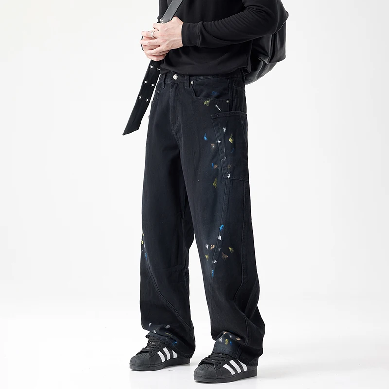 Hand Drawn Dyed Men's Jeans American Street Parkour Sweat2024 New Washed Casual Loose Straight Leg Men's Pants
