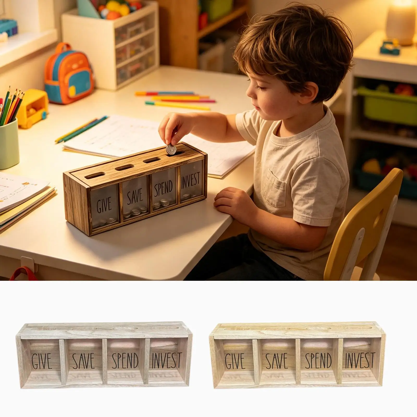 Wooden Money Box Wall Mount Countertop Organizer 4 Compartments Wooden Give Save Spend Box For Children Adults Family Bedroom