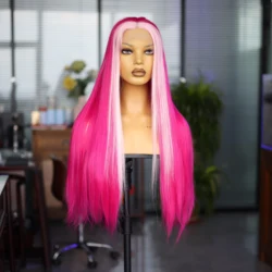 Pink Stitching Wig Synthetic Long Straight Hair Front Lace Wig Net Cap Breathable Lightweight Fashion Party Cosplay