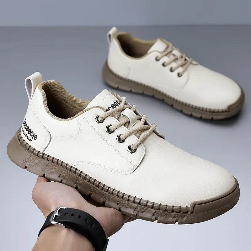 

2025 White Leather Casual Shoes For Man Designer Lace-up Flat Shoes Man Comfortable Non-slip Men's Work Shoes chaussures homme
