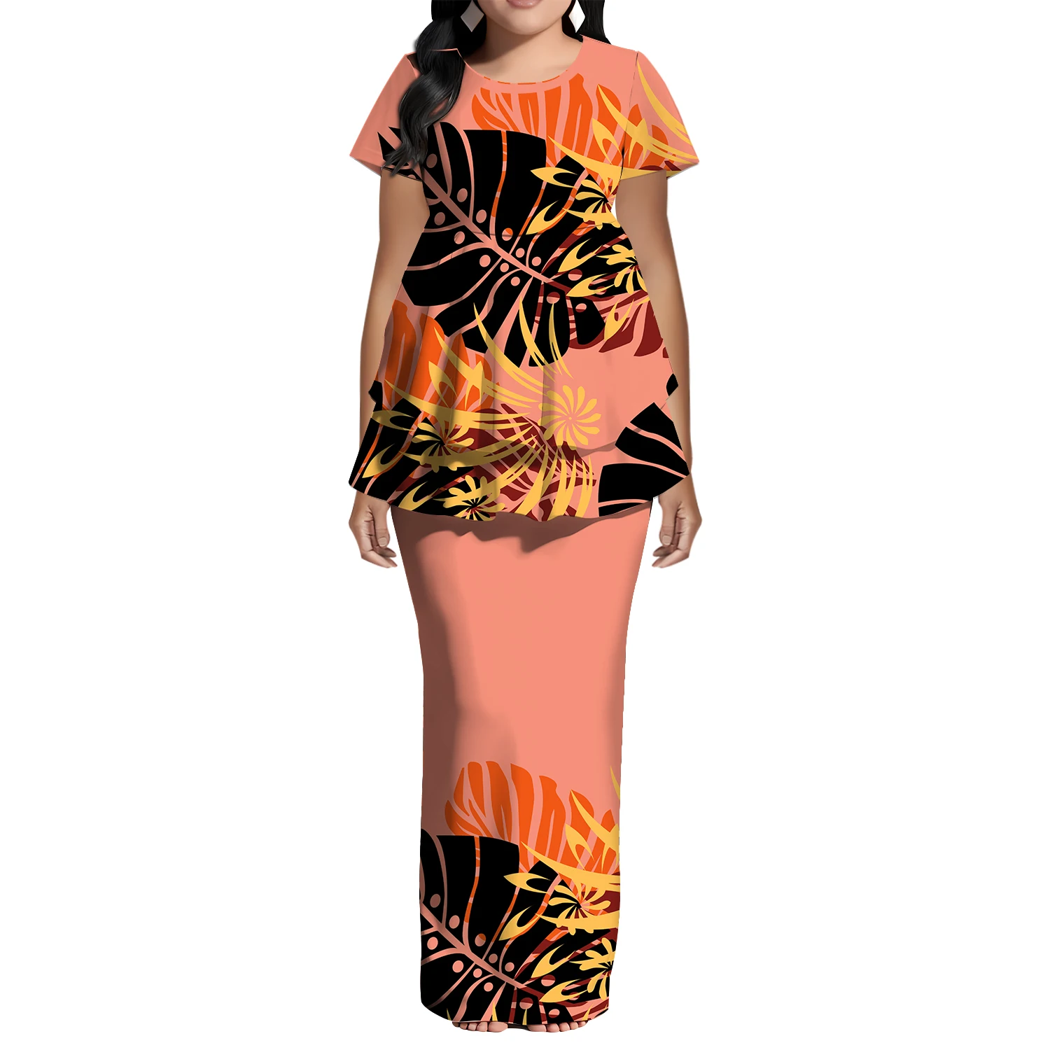 ポリネシア風半袖スリムフィットプネタシ、カスタムトライバル柄スリムフィットフィッシュテールトップ、新デザイン、背面スリット入りエレガントドレス