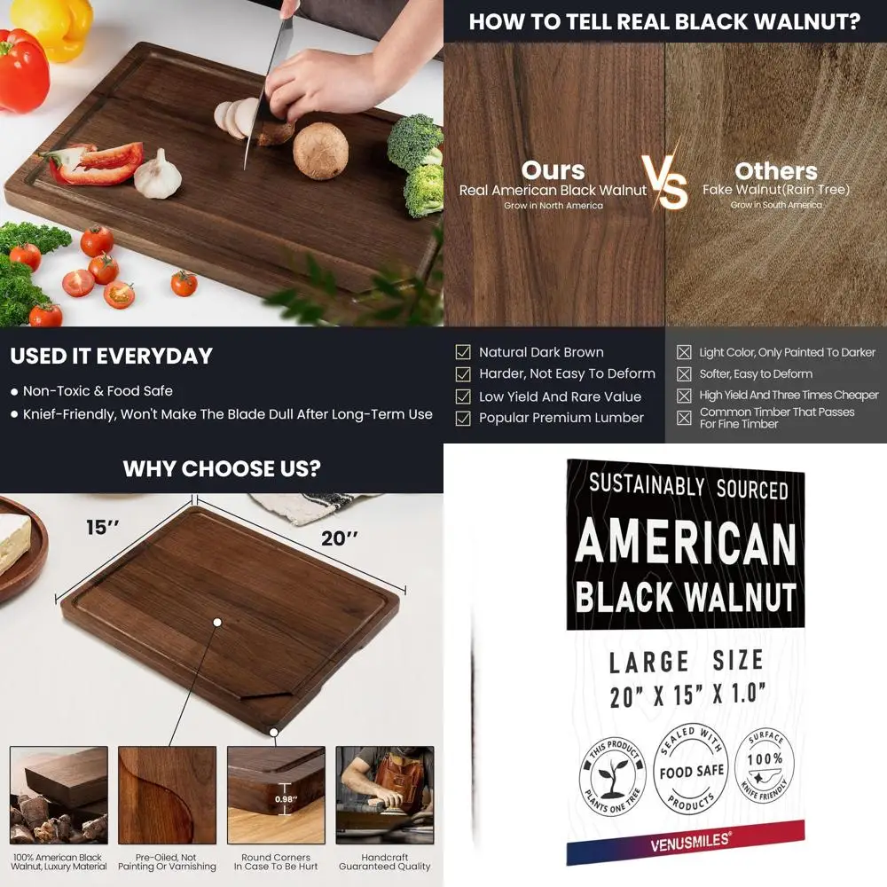 

Large Reversible Black Walnut Chopping Board with Deep Juice Groove & Side Handles, 20L x 15W x 1H, Handcrafted North American W
