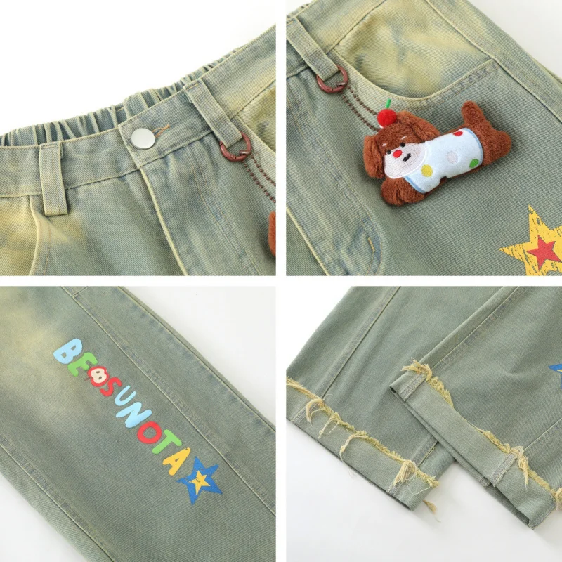 MAQVOB Jeans dritti da cartone animato di alta qualità taglia EU US Pantaloni a gamba larga con ciondolo cane staccabile unisex