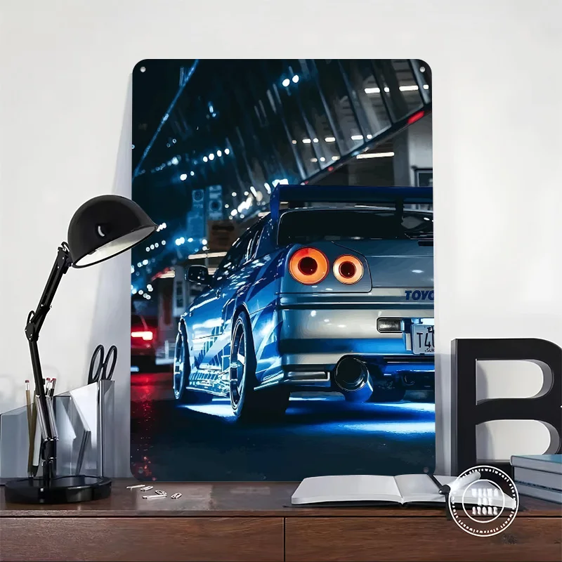 Blue Sports Car Skyline R34 Rear View Tinplate Poster Customized Wall Art Vintage Metal Signs Retro Tin Plaque for Coffee Bar