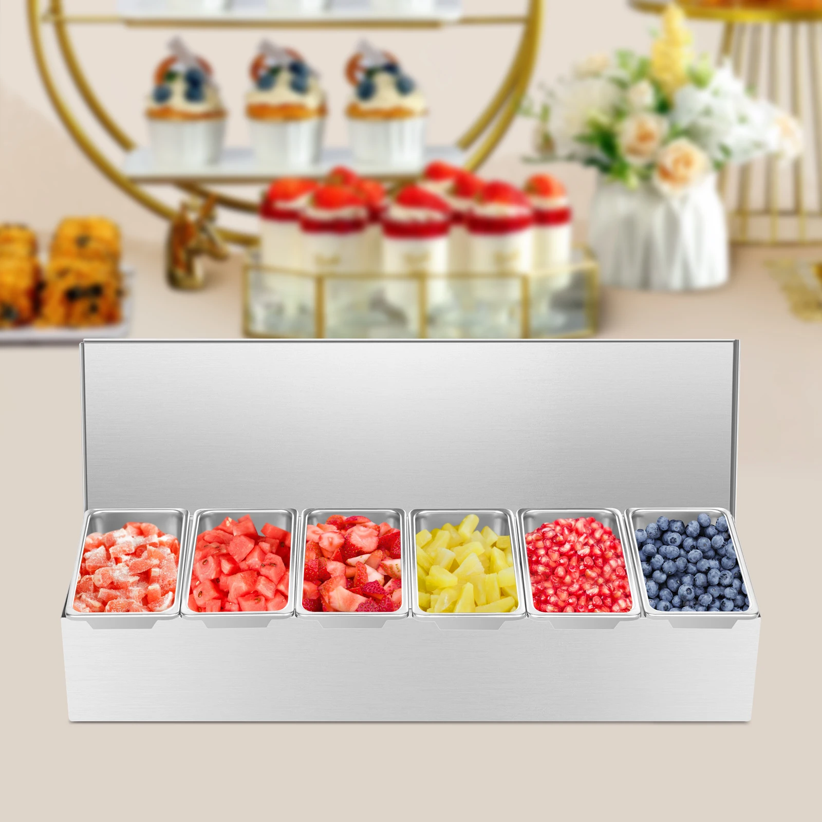 Edelstahl 6-Fach Catering-Behälter, mit Abnehmbarem Reinigungsfach für Buffet, Salatschüssel, Gastronomie und Pizza