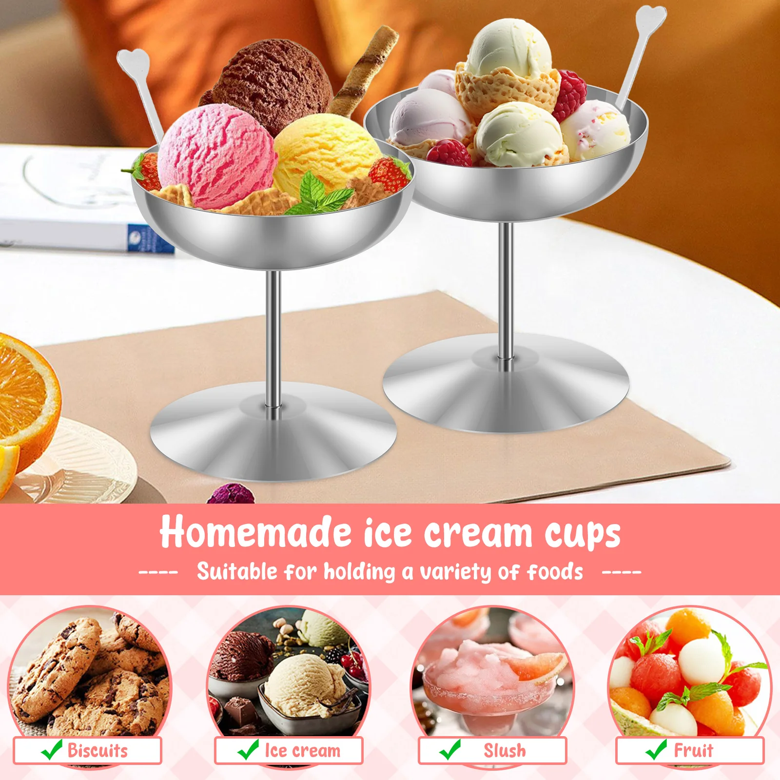 2Pcs Stainless Steel Footed Ice Cream Bowl Rust Resistant Hand Washable Footed Round Dessert Cup for Birthday Wedding