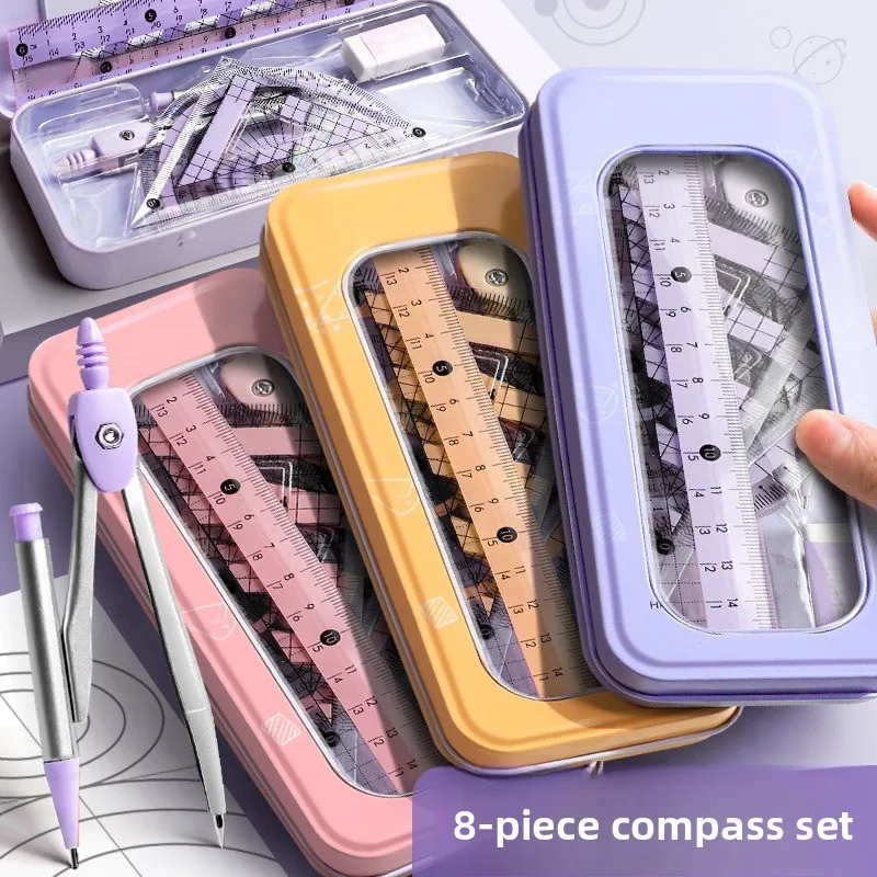 8PCS Compass and Ruler Sets Triangle Ruler Protractor Rubber Student Exam Specific Ruler Box Set Ruler Set School Starts 180*76