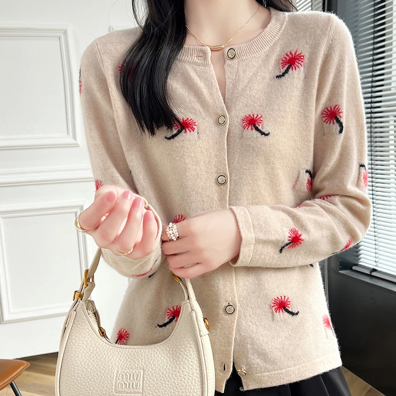 Spring Autumn New Women\'s Clothing 100% Pure Wool Round Neck Knitted Cardigan Fashion Embroidered Tops Short Korean Edition Coat