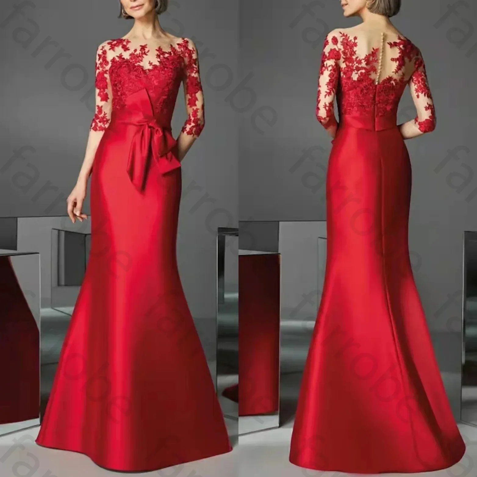 Customized Elegant Mermaid Long Red Satin Mother of the Bride Dresses Sheath Pleated Lace Floor Length Mother of Groom Dress