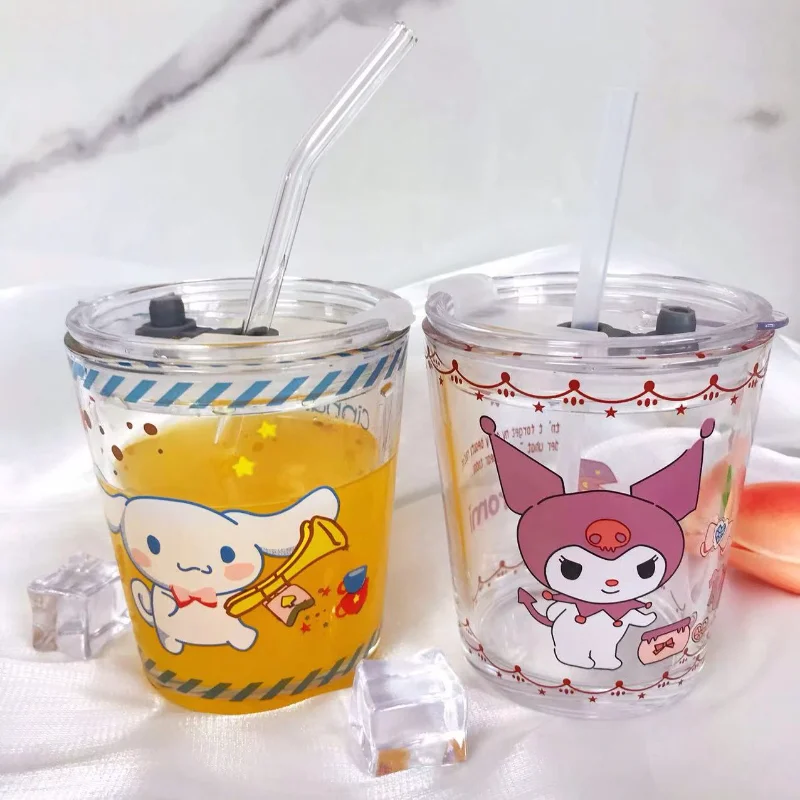 Sanrio Drinkware Hello Kitty Kuromi Cute Girl Heart Melody Clow Baby Cinnamoroll Glass Straw Cups Milk Coffee Water Cup