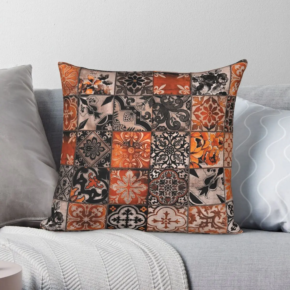 Retro Portuguese Tile Pillowcase Polyester Linen Velvet Creative Zip Decor Throw Pillow Case Home