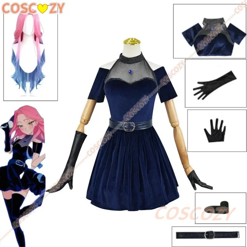 Anime Alien Stage Mizi Cosplay Costume Wig Dark Blue Dress Pink Blue Long Hair Gloves Stockings Belt Set Uniform for Christma&J1